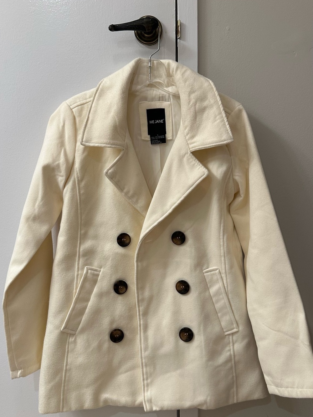 Me Jane Cream Double-Breasted Pea Coat with Dark Buttons